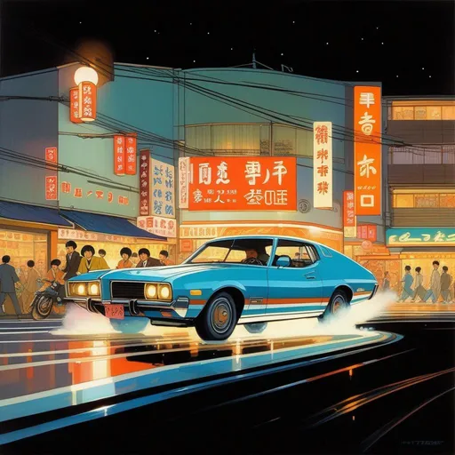 Prompt: 1970s, Tokyo at night, car chase, warm atmosphere, cartoony style, extremely detailed painting by Greg Rutkowski and by Henry Justice Ford and by Steve Henderson