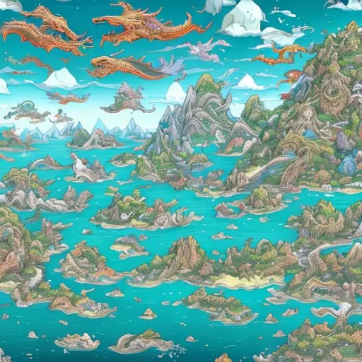 Prompt: A detailed picture of a huge landscape full of life with flying islands held by randomly colored and detailed dragons or whales with floating shrines and temples with runes and relics of the past