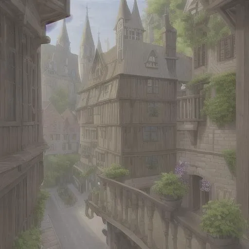 Prompt: archmage house with balconies in medieval street