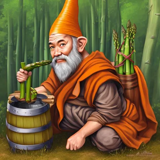 Prompt: portrait of forest gnome monk with barrel on back with asparagus in background
