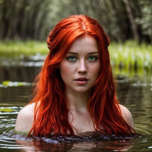 Prompt: Lady of the lake with red hair and green eyes. hiperrealistic and ultradetailed hd. Main color are green and blue. She is in the middle of the swamp and the environmet is composed by trees and shadows