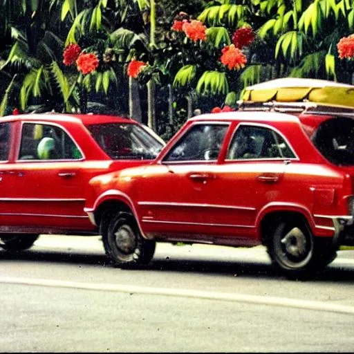 Prompt: philippines in the 1970s with red flowers with cars




