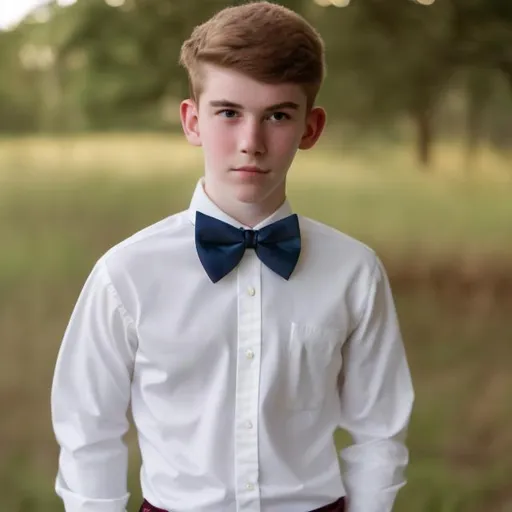 Prompt: 18 year old boy in a white boton down shirt and a Bow tie.