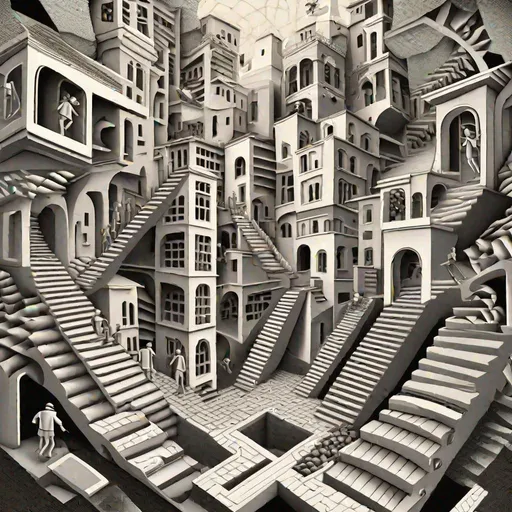 Prompt: Generate an AI-generated image in the style of MC Escher, depicting a surreal-inspired scene with confusing stairs, merging architecture, and moving individuals. In front of this environment, there should be a single person about to enter the fascinating world of illusions, with the lighting enhancing the mysterious atmosphere.