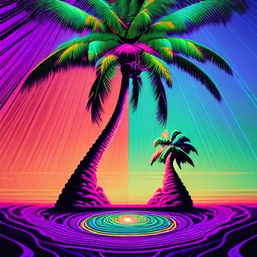 Prompt: 1 coconut tree, divided，Hypnotic illustration of {object}, hypnotic psychedelic art by Dan Mumford, pop surrealism, dark glow neon paint, mystical, Behance