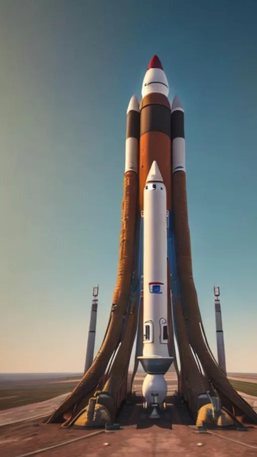 Prompt: A photo-realistic picture of large retro-futuristic rocket at a launch tower. The rocket has three large sphere shaped fuel tanks. Everything is rusty. The picture is taken from the base of the rocket looking up.