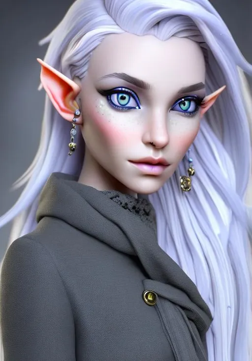 Prompt: change the color of her skin to silvery blue silver without changing the original, she is a female elf wizard with piercings, maker her photo realistic