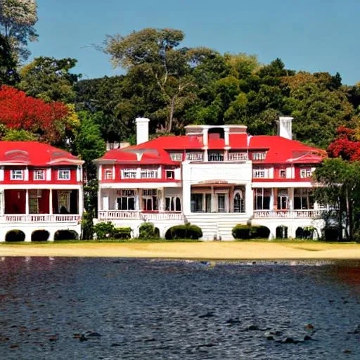 Prompt: two red and white colonial mansions over each other with a lake in between

