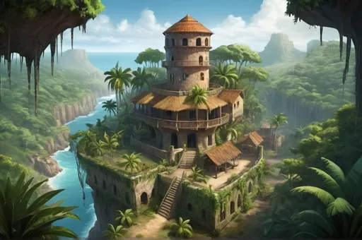 Prompt: Fantasy Illustration of a tropical hacienda settlement , watchtower, courtyard, entire structure, bird view, immersive world-building, high quality, detailed, epic scale, fantasy, tropical forest background 