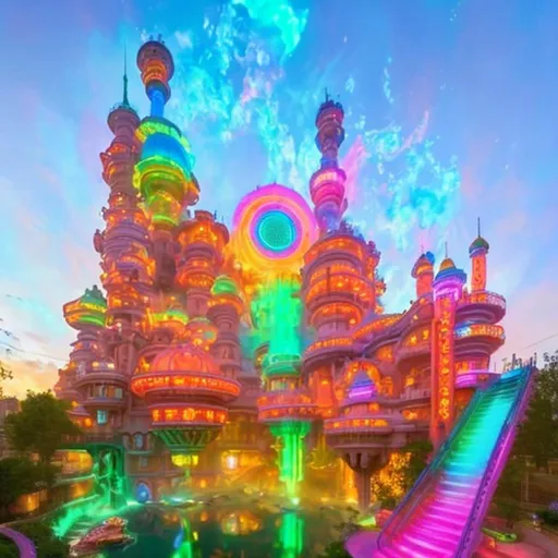 Prompt: Colorful Fantasy Industrial solarpunk Building In A Colorful City That Has A Light Rose Dusting Of Magic Over It. There Is A Nearby River And Holographic Images Floating On The Buildings Nearby. One building in the scene. The staircase looks like a winding snake with green glowing scales. The building glows with fire fountains. The entire building is colorful. There is a prominent clock tower in the center. It has a glass clockface. The building is orange and pink steel with colored lights on it. Fire cascades off of it in rivers of fire.