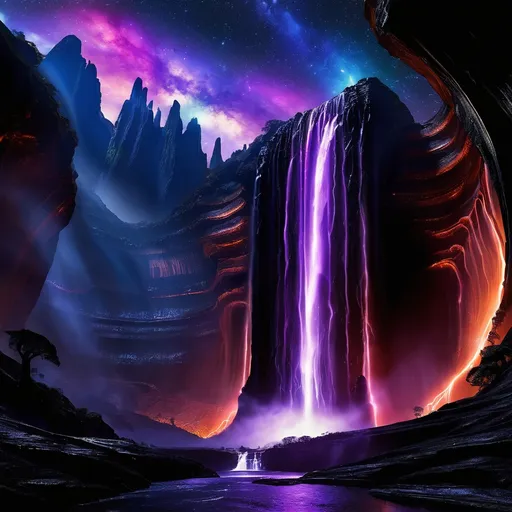 Prompt: An awe-inspiring alien landscape on the planet Vyrathis, centered around a colossal, otherworldly waterfall. The water is a black luminous fluid (liquid light:2.0), flowing powerfully over the cliff’s edge in dynamic, fluid motion. The inky black stream shimmers with faint, iridescent highlights, glowing faintly as it cascades downward (hypnotic luminescence, glowing currents:1.9). Twisting eddies and spiraling waves form as the liquid crashes into sharp, jagged obsidian rocks below (explosive mist, glowing black froth:1.8). The black liquid reflects the haunting glow of the dark sun (shadowy hues, radiant darkness:1.9), casting intricate patterns of light and shadow across the scene.
The cliffs and banks are adorned with bioluminescent flora (alien plant species, glowing with vibrant dark hues:2.0), emitting radiant colors such as electric blues, neon greens, fiery oranges, and deep purples. These plants glow softly, their light pulsating like a heartbeat, and their translucent leaves and tendrils sway gently, echoing the motion of the waterfall. Some vines and flowers cascade down the cliff face, intertwining with the black, luminous liquid, creating a mesmerizing contrast between glowing colors and shimmering darkness.
The alien fauna are sleek and ethereal, with glowing, bioluminescent patterns etched into their dark forms. Some creatures cautiously drink from the calmer black pools downstream (vivid reflections on liquid light:1.8), while others leap gracefully between glowing rocks or hover on faintly glowing wings (surreal, weightless motion:1.5). Their melodic, echoing calls harmonize with the roar of the waterfall, adding life and mystery to the landscape.
Behind the waterfall, a mysterious cave glows faintly (hidden chamber, radiant depths:1.9), partially obscured by the cascading black fluid. Its light shifts and pulsates like a living thing, hinting at ancient, otherworldly secrets hidden within. The composition is alive with dynamic motion, vivid contrasts of light and shadow, and the surreal beauty of liquid light flowing through an alien world, capturing the majesty, mystery, and scale of Vyrathis.