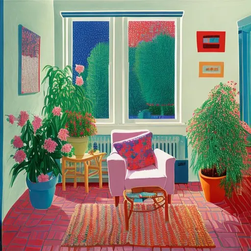 Prompt: cozy living room in white cottage with colorful potted flowers bright morning David Hockney