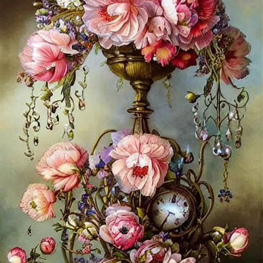 Prompt: realistic painted still life beautiful flowers by ambrosius bosschaet!!!!!, floating in the sky, daniel merriam art, muted colors, hyper realistic soft focus feathers, fantasy steampunk, spiral staircase, vintage pocketwatch, ambrosius bosschaert art, highly detailed blooms of peonies and roses and magnolias, iridescent water drops, crystal chandelier drops, glitter sparkles, infinite depth, incredibly detailed, ultra realistic, high index of refraction, hyper realistic elegant smooth sharp clear edges, sharp focus, wide angle perspective, ultra realistic, sense of high spirits, volumetric lighting, occlusion, Unreal Engine 5 128K UHD Octane, fractal, pi, fBm