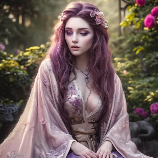 Prompt: a realistic feminine elegant ethereal princess with intricately decorated purple flowing robe, auburn balayage  hair, seated on a rock bench in a beautiful rose garden, highly detailed , HD quality, dramatic light, octane, facial closeup