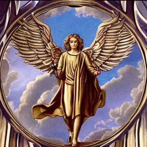 Prompt: an angel, golden, saint. sword. Holy. simetry, eyes, lyon, human, eagle. Glory. Light.
