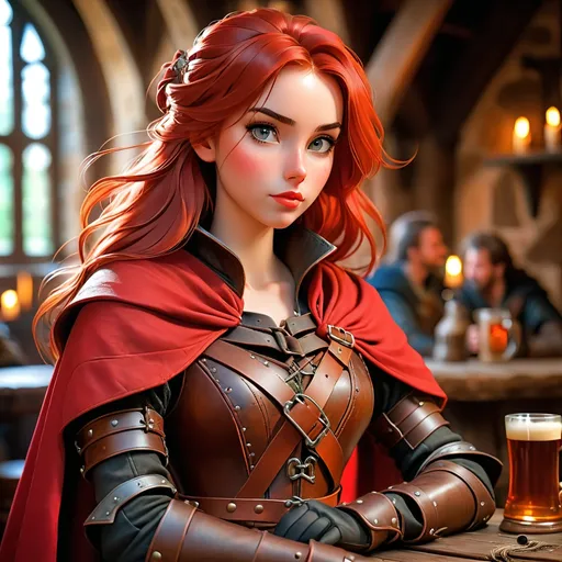 Prompt: a beautiful young female girl wearing a leather armor with lots of buckles and a tattered red cloak. her hair is very long and red. she is sitting at a table in a medieval tavern drinking a flagon of ale