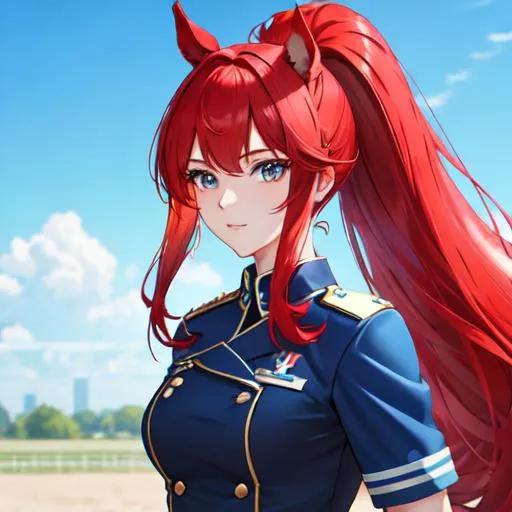 Prompt: Haley as a horse girl with bright red hair pulled back, wearing a blue police officer uniform, UHD, highly detailed