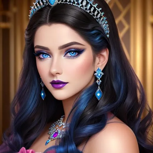 Prompt: a realistic feminine elegant princess ,  dark hair, large blue eyes, wearing jewls in her hair,  beautiful makeup, blue eyeshadow, dark pink lipstick, facial closeup