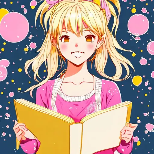 Prompt: an anime illustration of a beautiful and adorable girl with pink and yellow hair reading a pink book 
