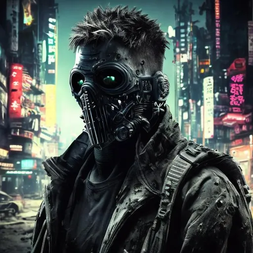 Prompt: Original villain. Future military armour with black and neon trim. Slow exposure. Detailed. Male masked. Dirty. Dark and gritty. Post-apocalyptic Neo Tokyo. Futuristic. Shadows. Sinister. Brutal. Intimidating. Evil. Bionic enhancements. Fanatic. Intense. Hunter