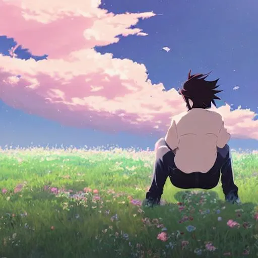 Prompt: a strong man turning his back to the screen, 25 years old, sitting with a bird on his shoulder, short and white hair, white clothes, handsome, smiling, under pink romantic sky, art by Makoto Shinkai, full body, peaceful and romantic