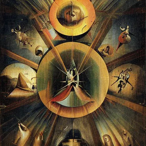 Prompt: Divine Christian symbolism in cosmic abstract Rays beyond horizon by Hieronymus Bosch 