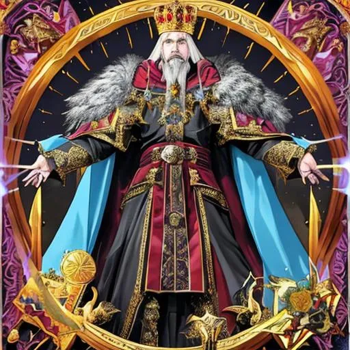 Prompt: King: Maximilian Riftwarden
Description: King Maximilian is a shrewd and strategic ruler, wearing a cloak adorned with interdimensional symbols and a crown representing the convergence of realms. He governs Nexus City with a keen understanding of diplomacy and the complexities of interdimensional affairs. King Maximilian's vision is to create a nexus of knowledge and cultural exchange.