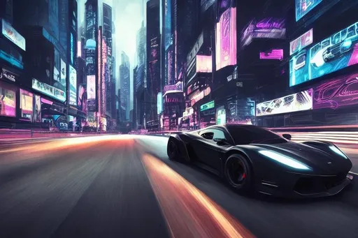 Prompt: Photo of dark black race car driving through cyberpunk city, dynamic lighting, beautiful, detailed, hyper realism, artstation, long shot, futuristic, evening, aurora 