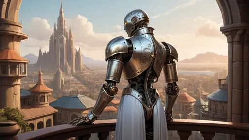 Prompt: a slender warforged automaton stands with back to camera on a large round balcony with a solid railing looking out over a fantasy city paradise during the age of arcanum 