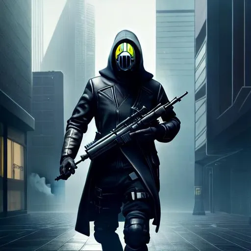 Prompt: Male agent with a gas mask, black and grey, cyberpunk outfit with a hood, carrying a futuristic sniper rifle, masterpiece painting with detailed face, full body 4k, trending on artstation, octane render, art by artgerm and greg rutkowski and alphonse mucha and craig mullins and James Jean and Andrei Riabovitchev and Marc Simonetti and peter mohrbacher 