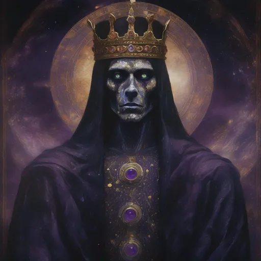 Prompt: Facing him, disguised as a king of old, was Murtod, the God of Death. His regal robes of ebony and amethyst bore an otherworldly elegance, and his eyes, usually inky pools of eternity, appeared as deep as the cosmic void. Though the transformation was a guise, the solemnity in his demeanor was real. Nearby, a newly polished mosaic floor gleamed in patterns of celestial constellations, a testament to the eternal upkeep of this timeless repository.
 approaching perfection, Detailed and Intricate, Detailed Render, 3D Render, Unreal Engine,penrose tiling Concept Art