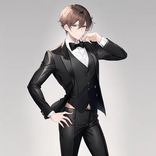 Prompt: Alex 1male. Short light brown hair. Soft and mesmerizing light grey eyes. Wearing a sleek black button-up shirt, paired with tailored black pants and shiny leather shoes. He completes the look with a stylish black vest and a classic black bow tie. UHD, 8K