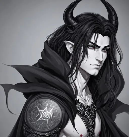 Prompt: A beautiful sorcerer from the D&D,  casting and dark spell. perfec black eyes, full body character portrait, dark fantasy, detailed realistic face, digital portrait, fiverr dnd character, beautiful male Tiefling, gray skin, wearing black robes with gray details, (Black lines drawing from the eyes to the cheek looking like ulquiorra).