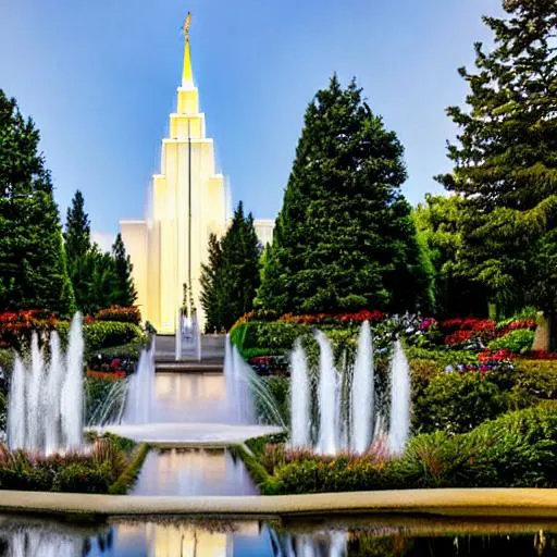 Prompt: mormon temple on top of a hill with angel moroni in the tower, many gardens in front of the temple with a fountain of luminous water in the center of the garden with the water bubbling