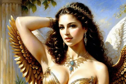 Prompt: beautiful portrait EOS the winged goddess of the dawn, beautiful female, décolletage, wonderful clothes and jewellery, Royo, stunning, detailed