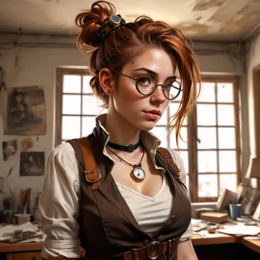 Prompt: Realistic digital painting:
A messy room in an apartment.
Age:22 Girl with a shy cute beautiful features, pronounced cleavage
Steampunk Adventurer:

Shoulder-length copper hair pulled back into a messy bun, with a few loose strands escaping.
Wears a pair of bronze goggles on her head, a clockwork pendant necklace, and fingerless gloves.
Dresses in a tailored vest over a ruffled blouse, cargo pants tucked into tall lace-up boots, and a leather belt with pouches.