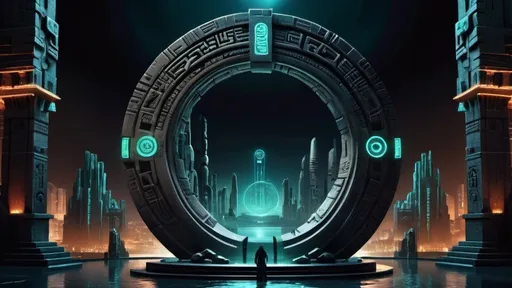 Prompt: magical portal between cities realms worlds kingdoms, circular portal, ring standing on edge, upright ring, freestanding ring, hieroglyphs on ring, complete ring, ancient aztec architecture, atlantis city plaza setting, panoramic view, dark night, futuristic cyberpunk tech-noir setting