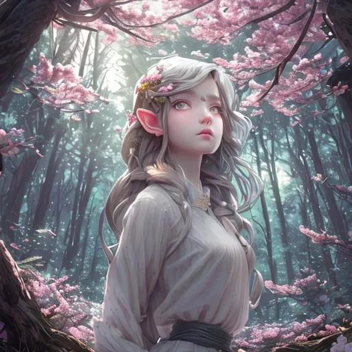 Prompt: (masterpiece) (highly detailed) (top quality) (cinematic shot)  anime style, front view, goddess of forest, instagram able, 1girl with elf ears walking into the forest, reflections, depth of field, 3D illustration, professional work, long hair, blonde hair, centered shot from below, dark blue eyes, cherry blossom forest, sunlight background, calling us to folow her.