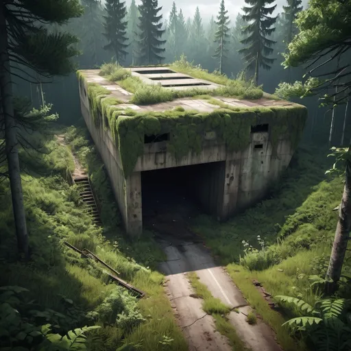 Prompt: Post-apocalyptic, abandoned bunker in forest, overgrown road, The Last of Us style, highres, detailed, video game style, desolate, mossy, apocalyptic, post-apocalyptic, detailed environment, atmospheric lighting, gritty, abandoned, professional rendering, seen from distance and above