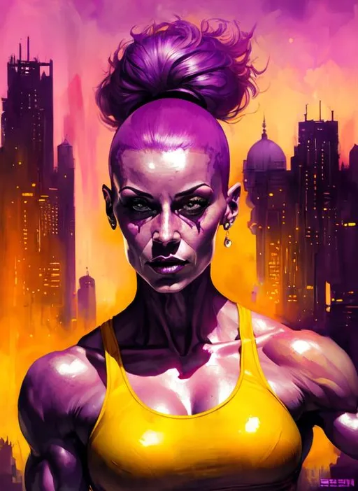 Prompt: extremely muscular woman with purple skin and yellow hair :: alien sci-fi city in background :: red sky above