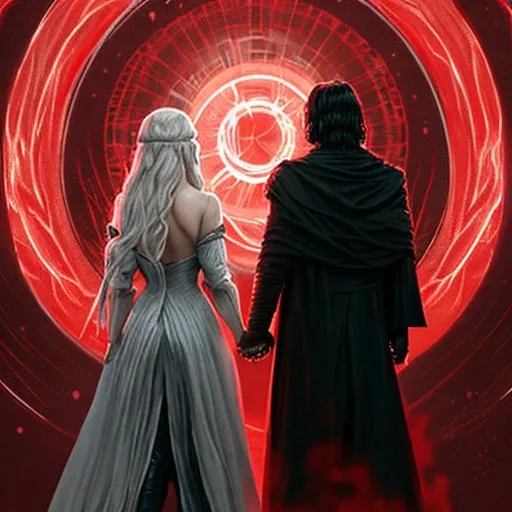 Prompt: digital oil painting of adam driver as kylo ren holding hands with emilia clarke as daenerys targaryen {two characters},{{{backs to camera}}} dark fantasy, hyperealistic, symmetry, {{zoomed in}}, red glow, dramatic, long flowing white hair 