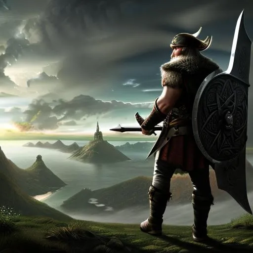 Prompt: ultra realistic, HD, absurd resolution masterpiece, medium brightness, fantasy male, viking, full body visible, poster art, digital art, concept art 4k