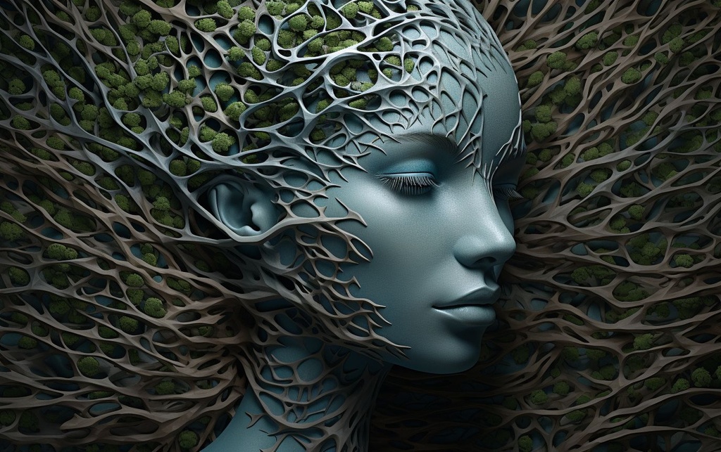 Prompt: an artistic image of a woman made of moss and branches, in the style of dark silver and cyan, futuristic fragmentation, elegant, emotive faces, sculptural reliefs, antoni gaudí, naoto hattori, daz3d