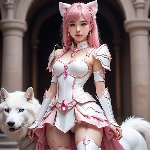 Prompt: (masterpiece), best quality, expressive eyes, perfect face, full body, 1girl, pink haired eighteen years old girl, standing up, dressed in a pink dress under a set of white armor, silver hairpin with a pink gem, white chest plate, white gauntlets, white greaves, white armored boots, thigh high pink stockings, cupping the hands upward, knee-reaching single braid, pink furred ears and tail, ghostly orbs all around, gathering energy between the hands
