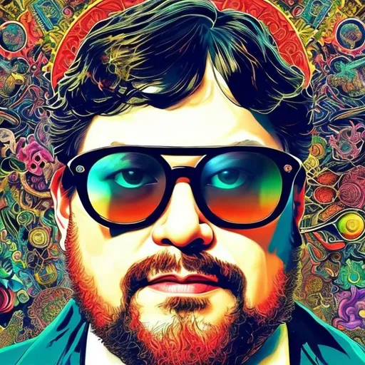 Prompt: handsome looking guillermo del toro wearing sunglasses and headband, Art of the music cover album, Vibrant, Colorful, In the style of The Beetles, Extremely Detailed, Trippy