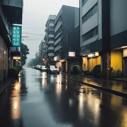 Prompt: urban area in a rainy day