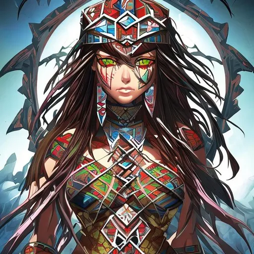 Prompt: strain glass aztec woman proportional high resolution anime nature warrior 