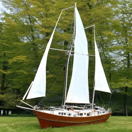 Prompt: A white 15 meters wooden sailing boat inspired on a maple leave