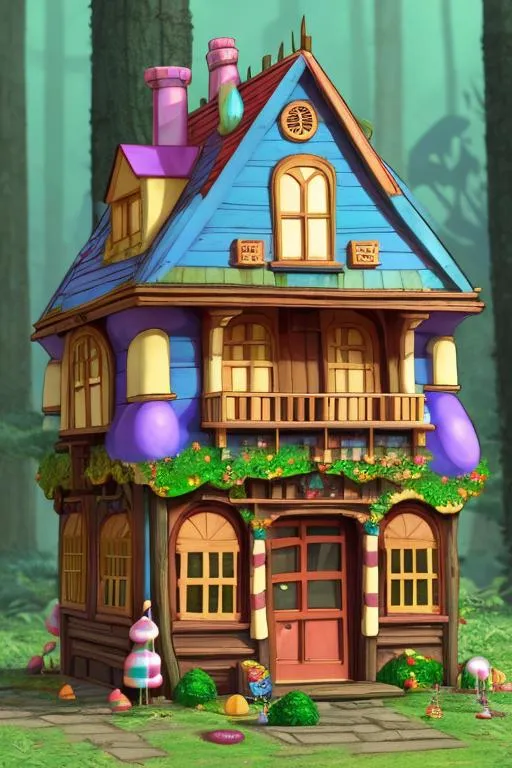 Prompt: candy house made of candy, old victorian, cartoon, smooth, studio ghibli, physically based rendering, forest background