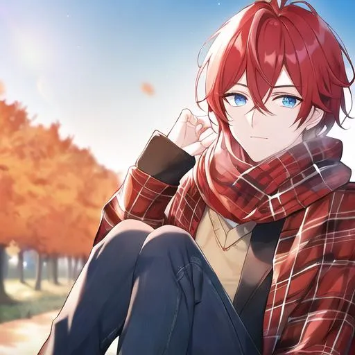 Prompt: Zerif 1male (Red side-swept hair covering his right eye, blue eyes), highly detailed face, wearing a cozy flannel shirt and a pair of stylish jeans. In the park, fall.  wearing a scarf, looking up at the sky, in a pumpkin patch, adult. Handsome,  detailed, UHD, HD, 4K, highly detailed, red haze, masculine, anime style